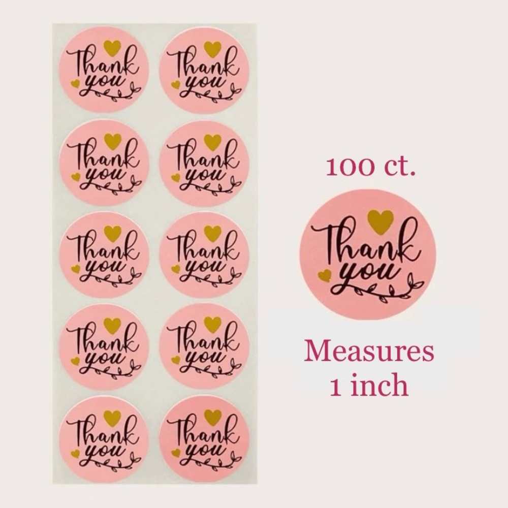 NEW! 100ct. Pink Thank You Stickers, Black Script & Gold Hearts - Picture 1 of 5